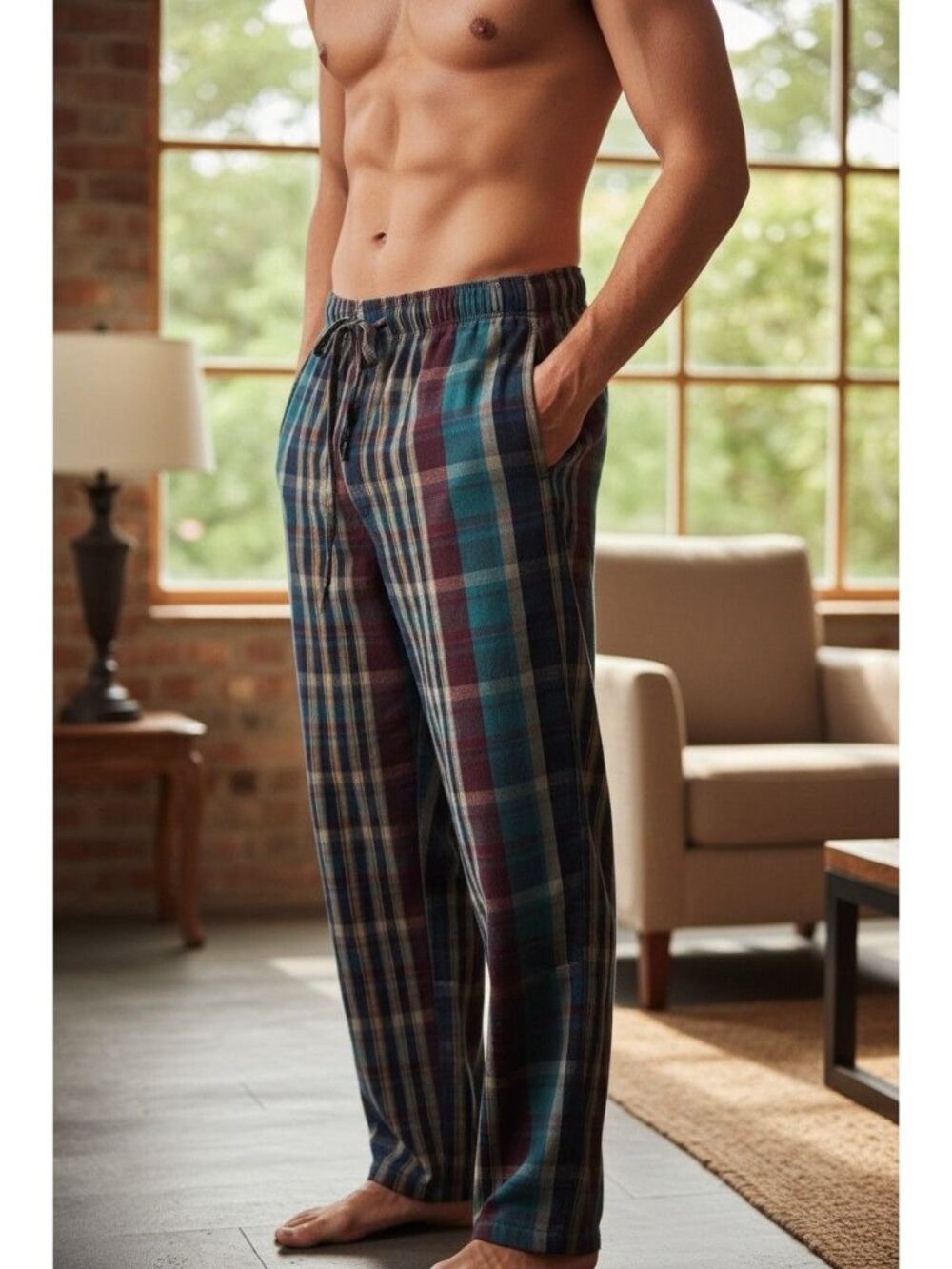 Roundtree & Yorke Mens Plaid Lounge Pants M Elastic Waist Drawstring Cotton